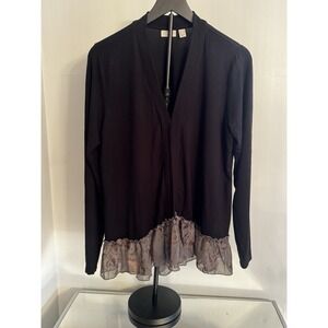 LOGO by Lori Goldstein Black Cardigan Lace Hem Ruffle‎ Trim Boho Sz M Romantic